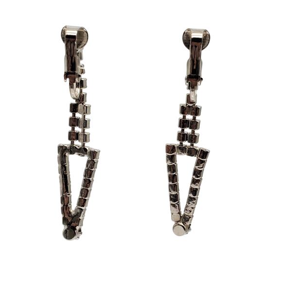 Vintage Dangle Rhinestone Earrings Clip On Clear Glass Silver Tone Drop MCM - Picture 4 of 6